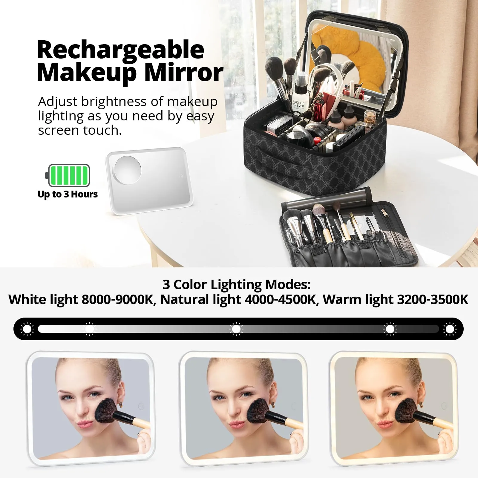 Omobolanle Makeup Bag with Mirror Led Light Detachable Portable Makeup Organizer Travel Cosmetic Train Case with Dividers and 10x Magnifying Mirror Cosmetic Toiletry Bag Black/Grey