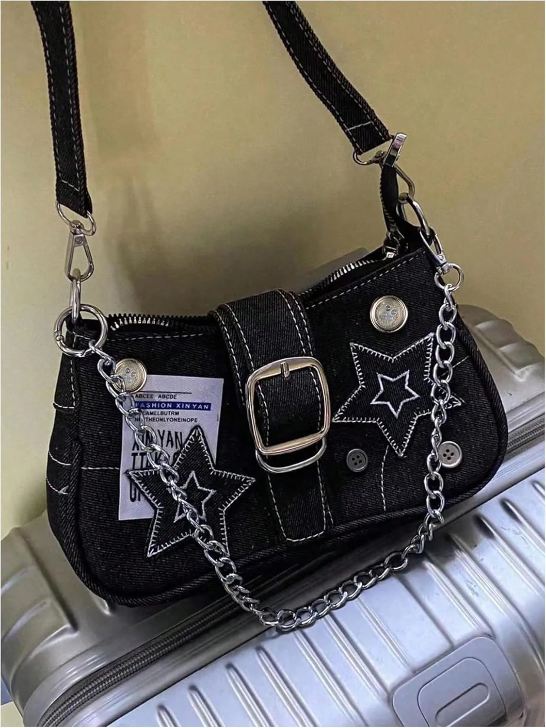 OYOANGLE Women's Zipper Top Handle Shoulder Bags Y2K Star Chain Underarm Bags Goth Punk Hobo Bag Square Clutch Handbag