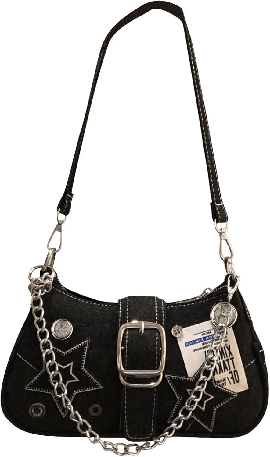 OYOANGLE Women's Zipper Top Handle Shoulder Bags Y2K Star Chain Underarm Bags Goth Punk Hobo Bag Square Clutch Handbag