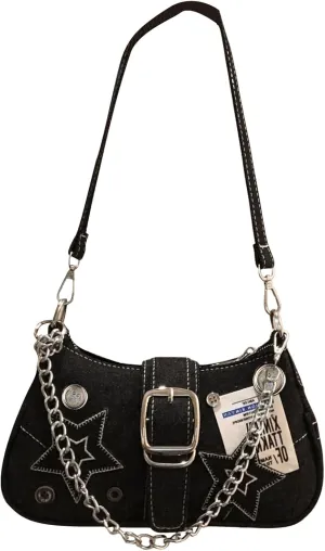 OYOANGLE Women's Zipper Top Handle Shoulder Bags Y2K Star Chain Underarm Bags Goth Punk Hobo Bag Square Clutch Handbag