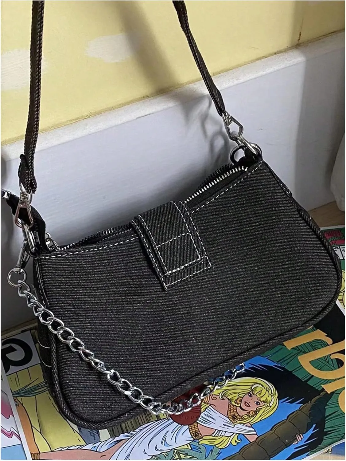 OYOANGLE Women's Zipper Top Handle Shoulder Bags Y2K Star Chain Underarm Bags Goth Punk Hobo Bag Square Clutch Handbag