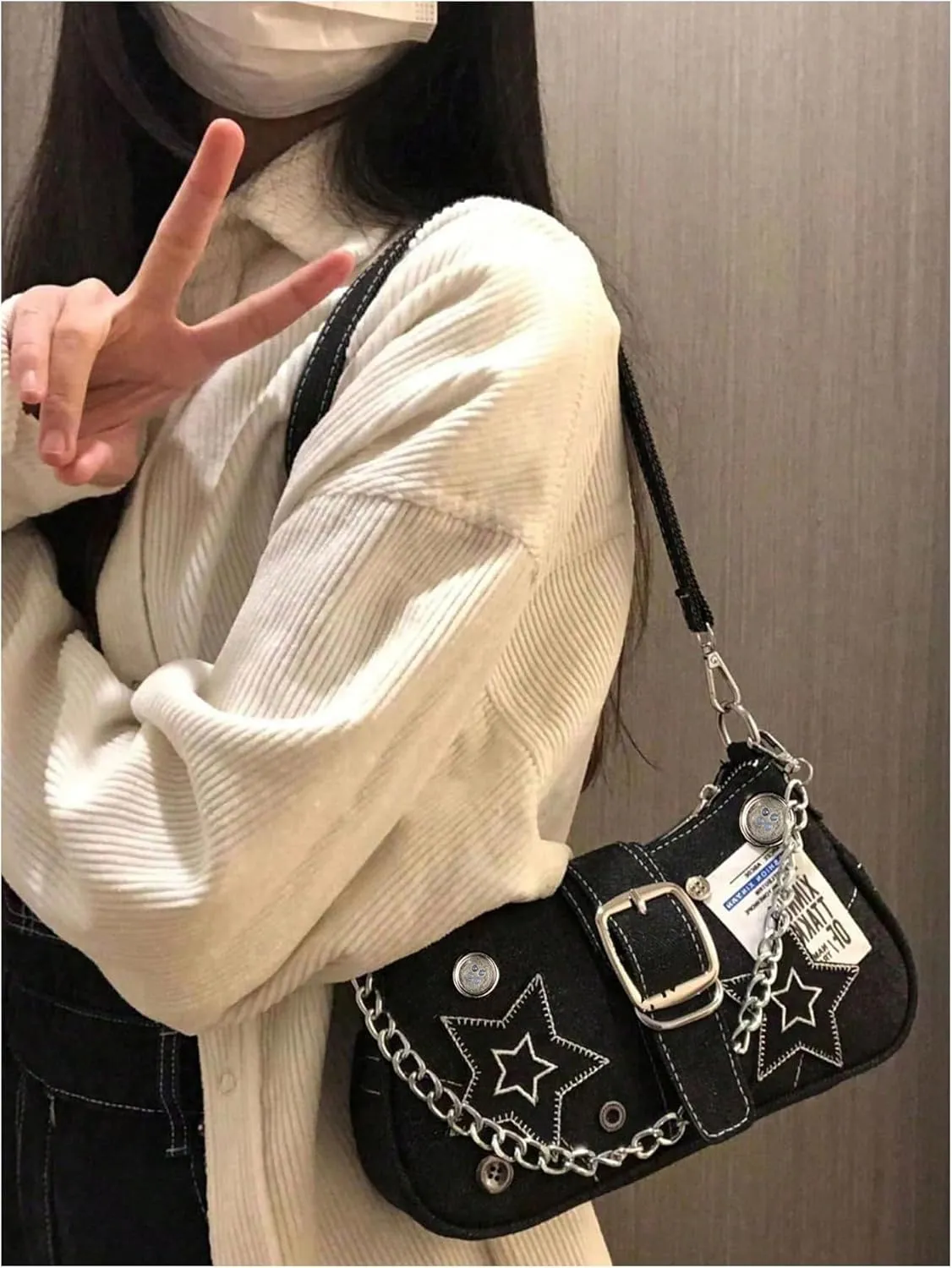 OYOANGLE Women's Zipper Top Handle Shoulder Bags Y2K Star Chain Underarm Bags Goth Punk Hobo Bag Square Clutch Handbag