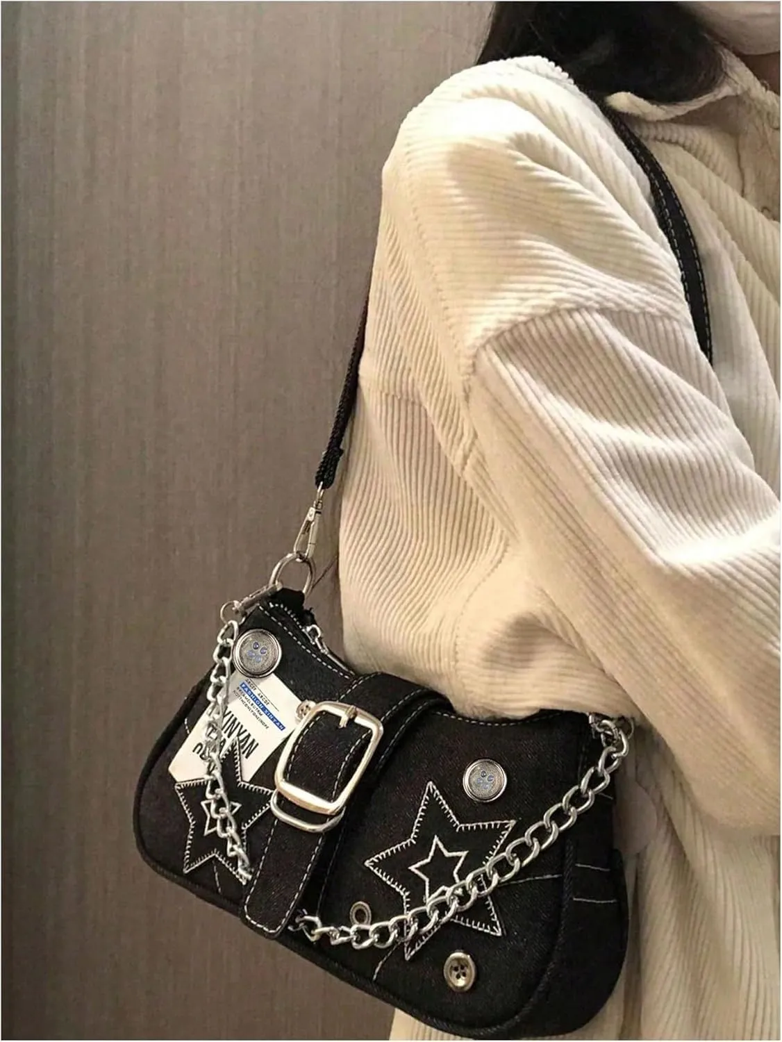 OYOANGLE Women's Zipper Top Handle Shoulder Bags Y2K Star Chain Underarm Bags Goth Punk Hobo Bag Square Clutch Handbag