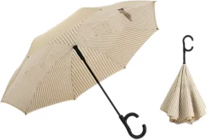 Paraguas Inverted Reverse Umbrella w/C-Shaped Handle Double Canopy Stick Vented Windproof Waterproof Umbrella Hands Free Striped Auto Open Umbrella Sun and Rain Proof