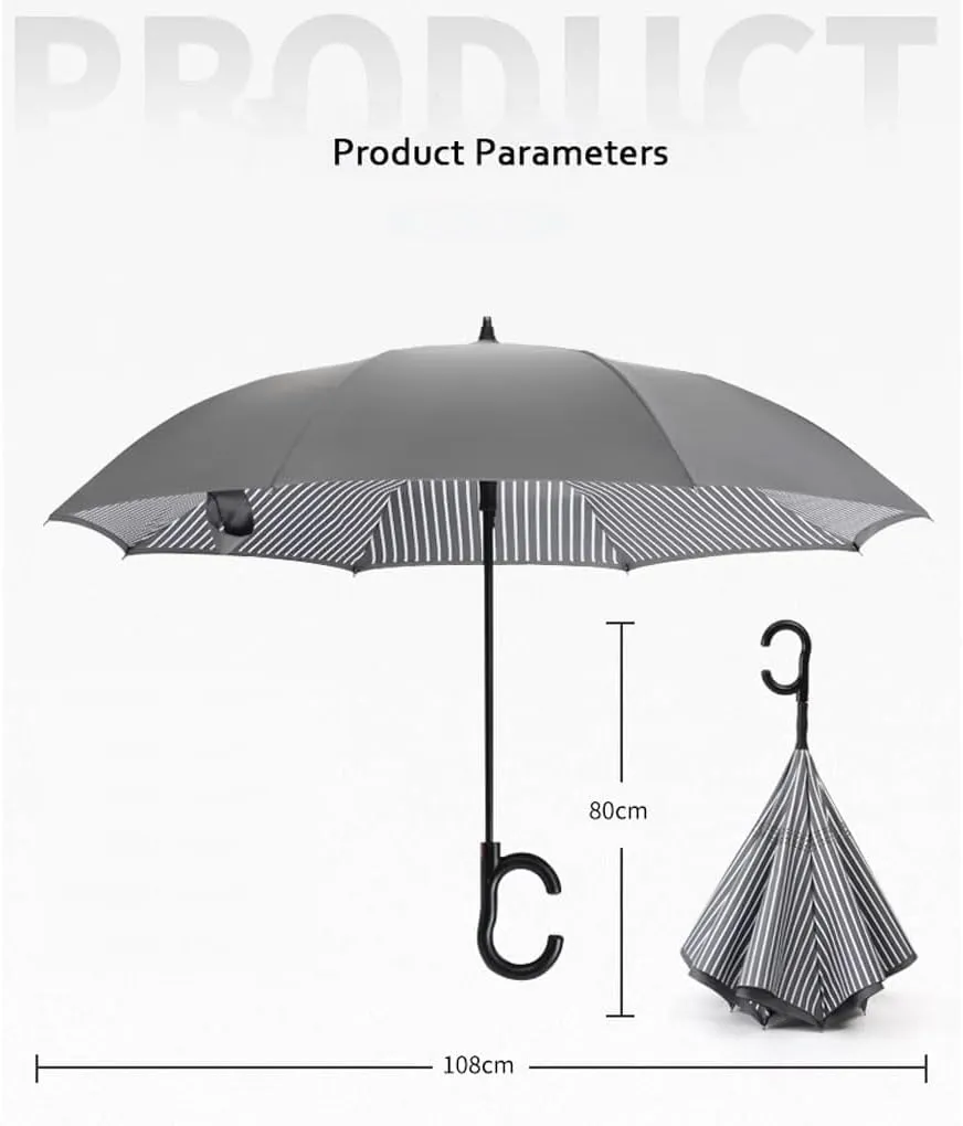 Paraguas Inverted Reverse Umbrella w/C-Shaped Handle Double Canopy Stick Vented Windproof Waterproof Umbrella Hands Free Striped Auto Open Umbrella Sun and Rain Proof