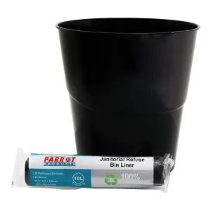Parrot Janitorial 10L Waste Bin and 22 Micron Refuse Bag Combo GR071