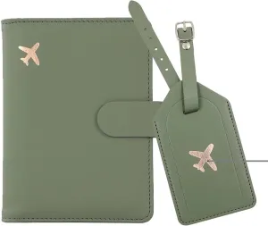 Passport Holder and Luggage Tag Set - Combo Leather Passport Wallet Cover Travel Documents Organizer - Men Women Travel Must Luggage Tags for Suitcases (Green)