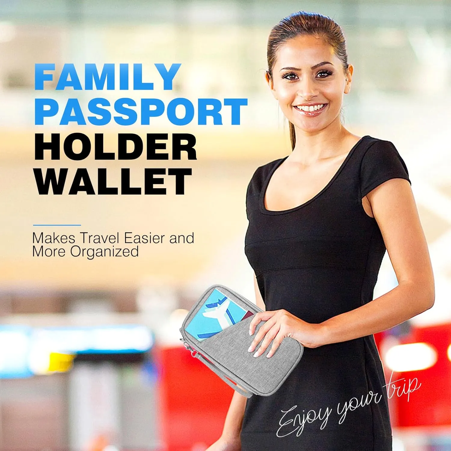 Passport Holder Family RFID Travel Document Organizer for Women Waterproof Passport Wallet Men Portable Case for Cards, Boarding Pass, ID, Money, Tickets with Zipper