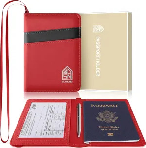 Passport Holder with Neck Lanyard, Passport Case Passport Cover with Vaccine Card Slot for Men and Women, RFID Blocking Passport Wallet, Red