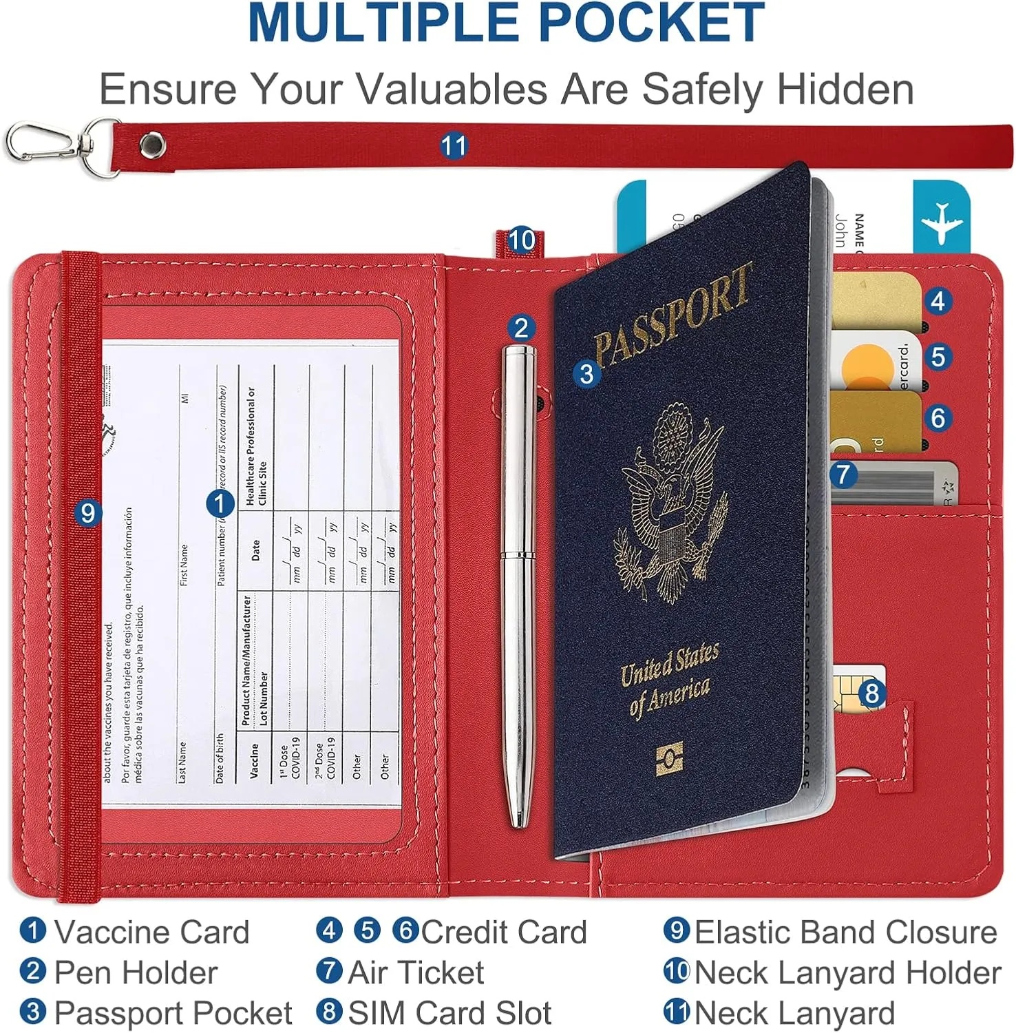 Passport Holder with Neck Lanyard, Passport Case Passport Cover with Vaccine Card Slot for Men and Women, RFID Blocking Passport Wallet, Red