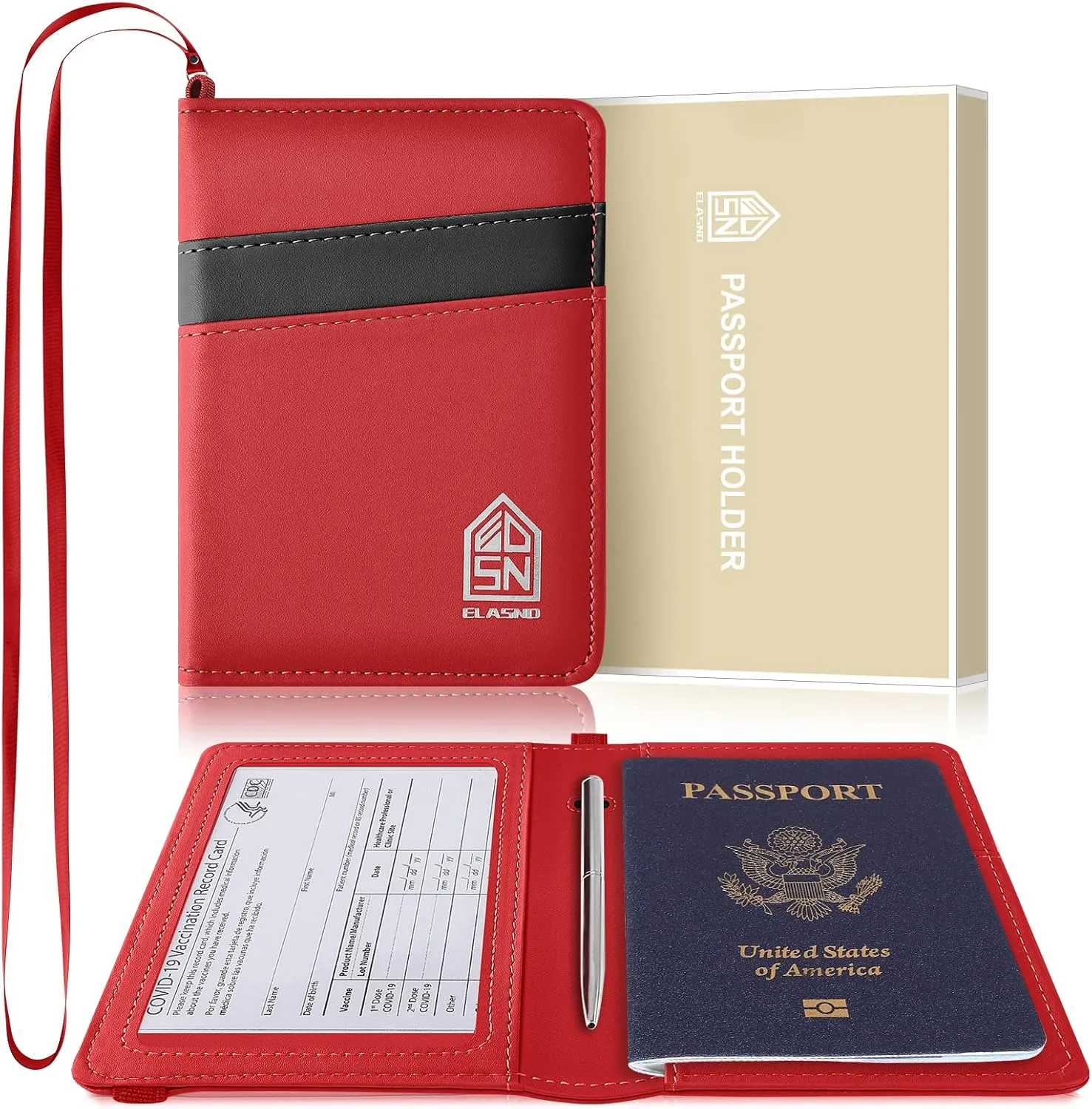 Passport Holder with Neck Lanyard, Passport Case Passport Cover with Vaccine Card Slot for Men and Women, RFID Blocking Passport Wallet, Red
