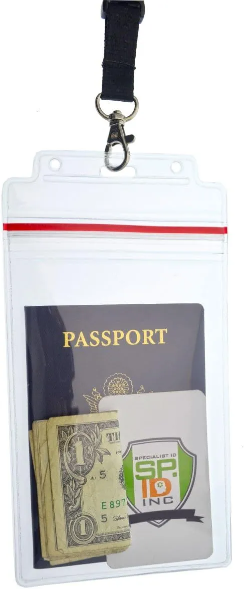 Passport Holders - 2 Pack - Heavy Duty Water and Tear Resistant Resealable Sleeves & Premium Breakaway Lanyard - 4X6 Insert for Vaccination Cards, Cruise, Travel, and Beach Vacation Documents (Black)
