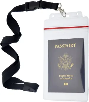 Passport Holders - 2 Pack - Heavy Duty Water and Tear Resistant Resealable Sleeves & Premium Breakaway Lanyard - 4X6 Insert for Vaccination Cards, Cruise, Travel, and Beach Vacation Documents (Black)