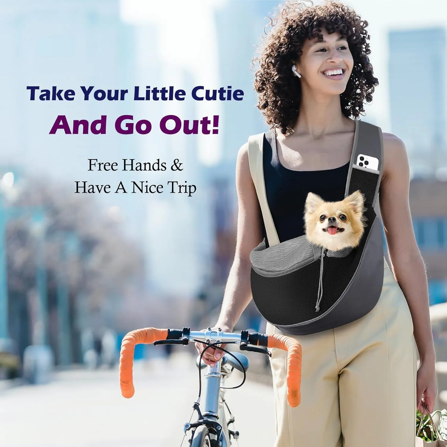 Pawaboo Pet Dog Sling Carrier, Hand Free Drawstring Dog Papoose with Adjustable Strap, Breathable Mesh Bag for Puppy Cat, Crossbody Satchel Dog Purse with Pocket for Outdoor, Dark Gray Black, Large