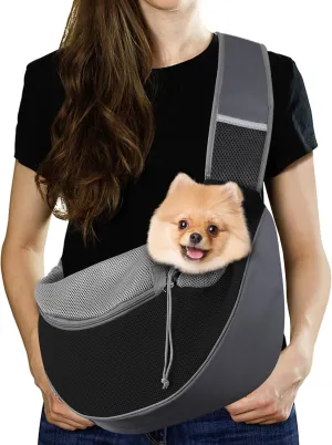 Pawaboo Pet Dog Sling Carrier, Hand Free Drawstring Dog Papoose with Adjustable Strap, Breathable Mesh Bag for Puppy Cat, Crossbody Satchel Dog Purse with Pocket for Outdoor, Dark Gray Black, Large