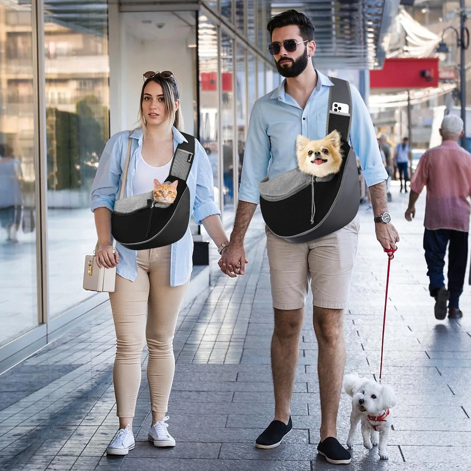Pawaboo Pet Dog Sling Carrier, Hand Free Drawstring Dog Papoose with Adjustable Strap, Breathable Mesh Bag for Puppy Cat, Crossbody Satchel Dog Purse with Pocket for Outdoor, Dark Gray Black, Small