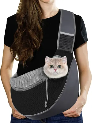 Pawaboo Pet Dog Sling Carrier, Hand Free Drawstring Dog Papoose with Adjustable Strap, Breathable Mesh Bag for Puppy Cat, Crossbody Satchel Dog Purse with Pocket for Outdoor, Dark Gray Black, Small