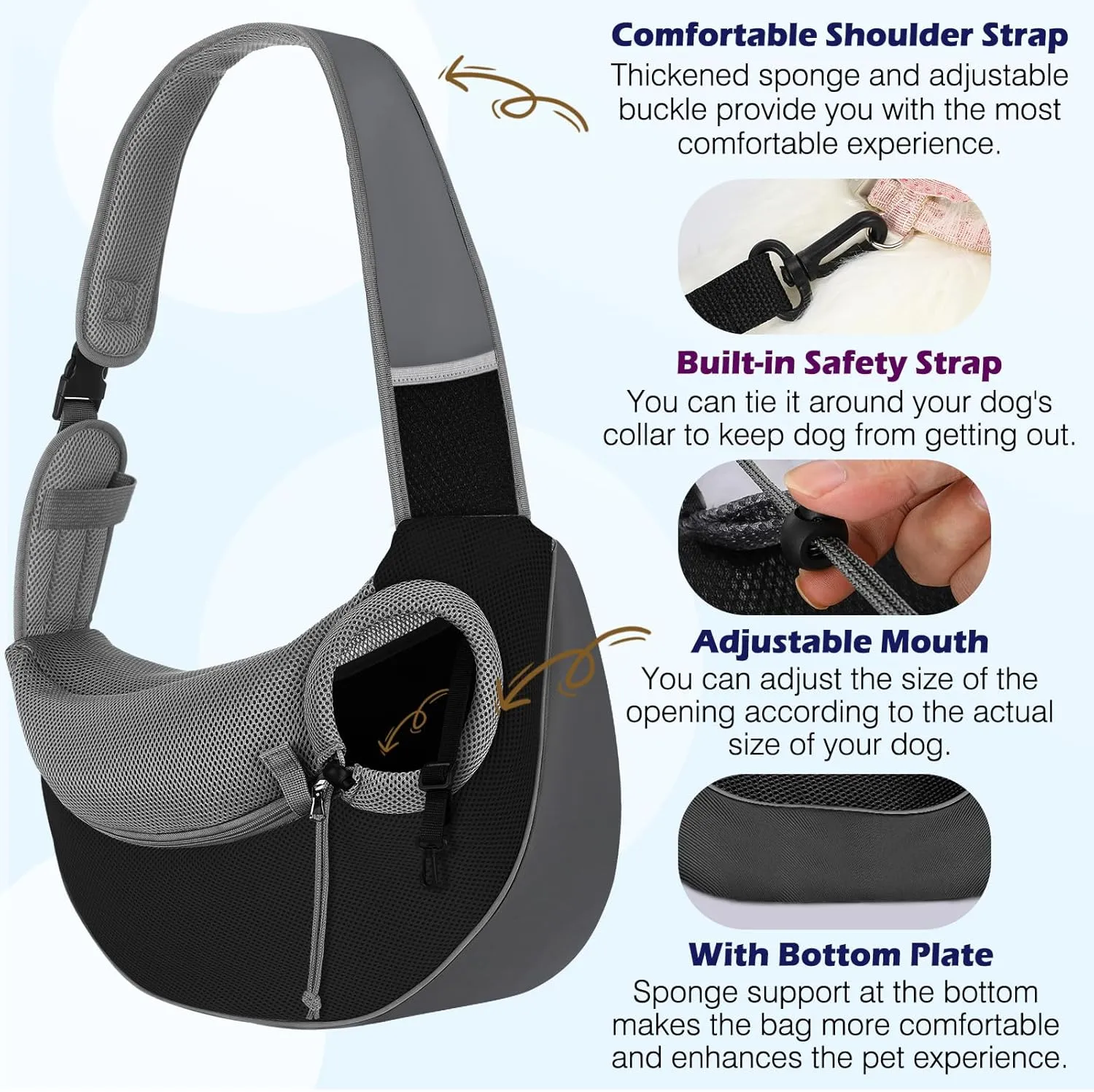 Pawaboo Pet Dog Sling Carrier, Hand Free Drawstring Dog Papoose with Adjustable Strap, Breathable Mesh Bag for Puppy Cat, Crossbody Satchel Dog Purse with Pocket for Outdoor, Dark Gray Black, Small