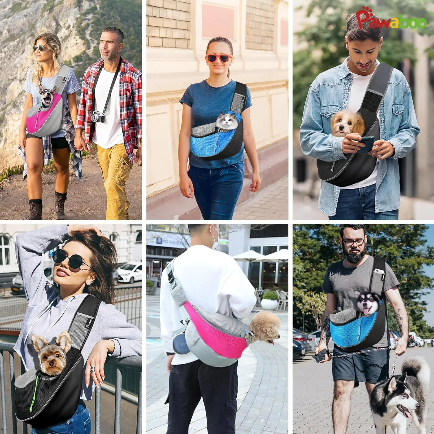 Pawaboo Pet Dog Sling Carrier, Hand Free Drawstring Dog Papoose with Adjustable Strap, Breathable Mesh Bag for Puppy Cat, Crossbody Satchel Dog Purse with Pocket for Outdoor, Dark Gray Black, Small