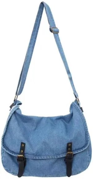Pbkabiug Denim Shoulder Bag Large Capacity Satchels Crossbody Bag Soft Vintage Flap Buckle Casual Solid Color for Men Women