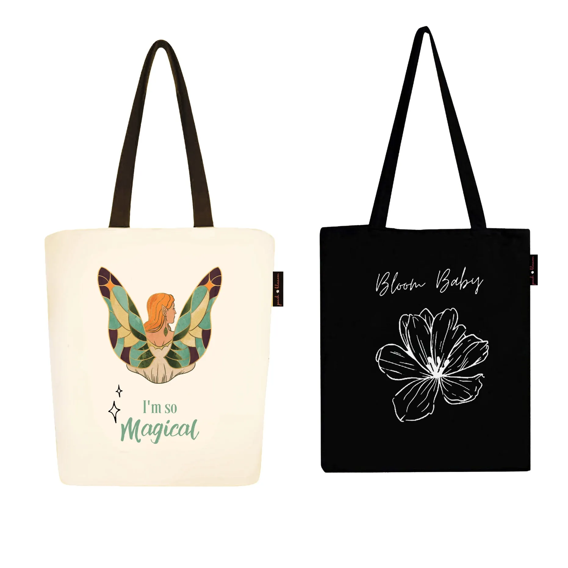 Peach Blossom Women's Cotton Printed Tote Bag With Zipper and Pouch | Pack Of 2 Combo