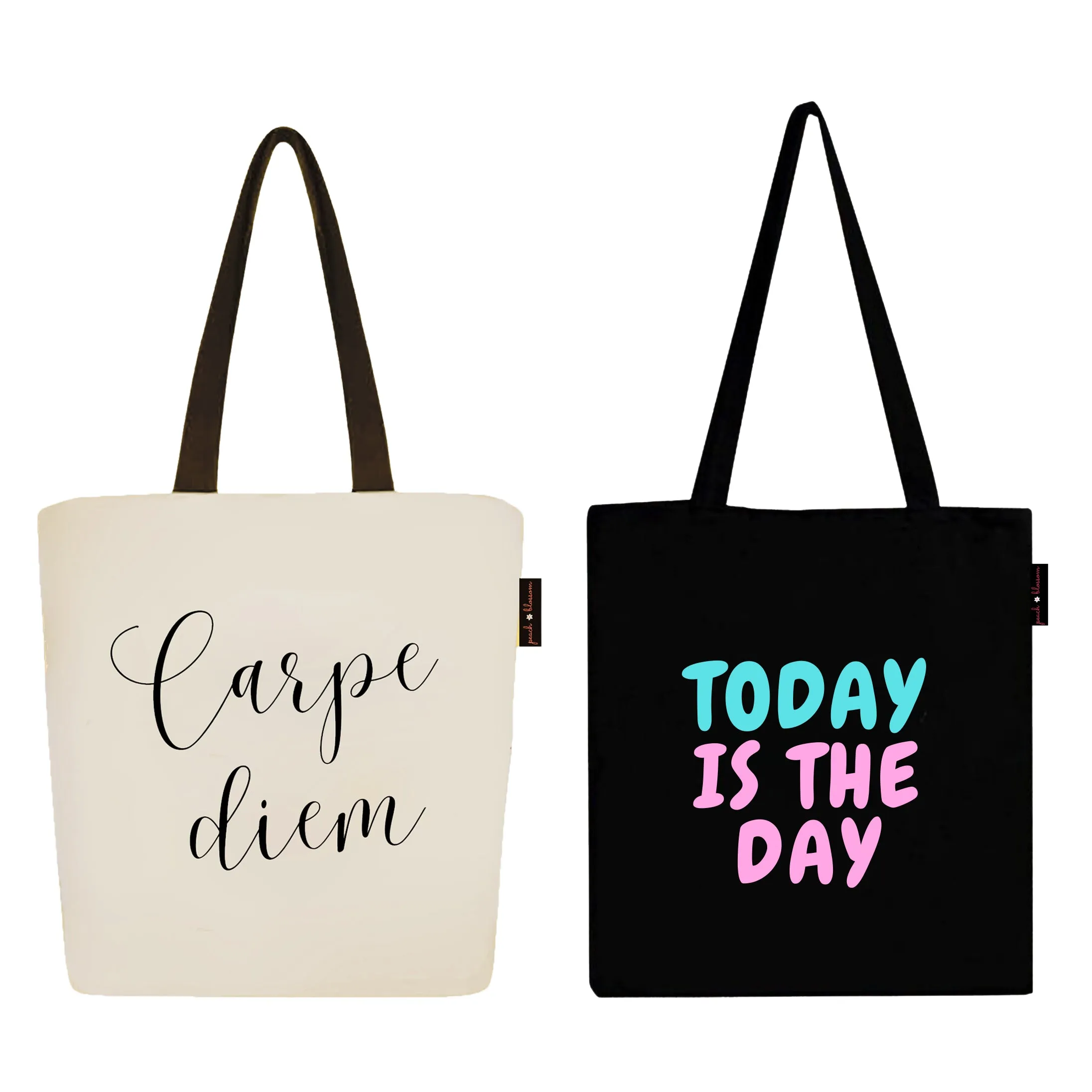 Peach Blossom Women's Cotton Printed Tote Bag With Zipper and Pouch | Pack Of 2 Combo