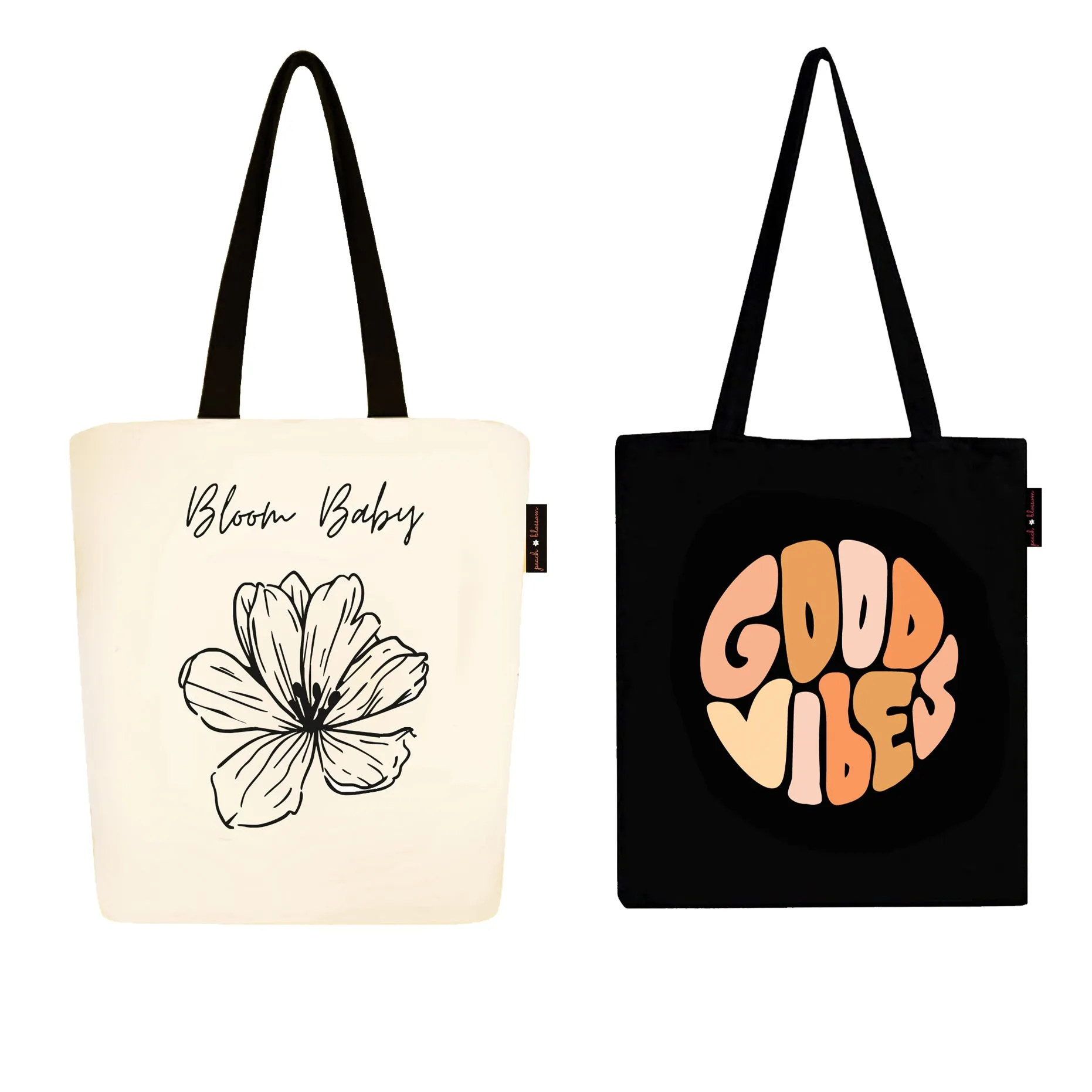 Peach Blossom Women's Cotton Printed Tote Bag With Zipper and Pouch | Pack Of 2 Combo