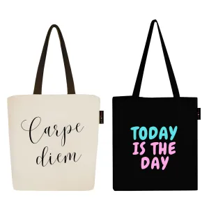 Peach Blossom Women's Cotton Printed Tote Bag With Zipper and Pouch | Pack Of 2 Combo