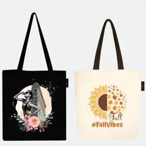 Peach Blossom Women's Cotton Printed Tote Bag With Zipper and Pouch | Pack Of 2 Combo