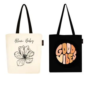 Peach Blossom Women's Cotton Printed Tote Bag With Zipper and Pouch | Pack Of 2 Combo