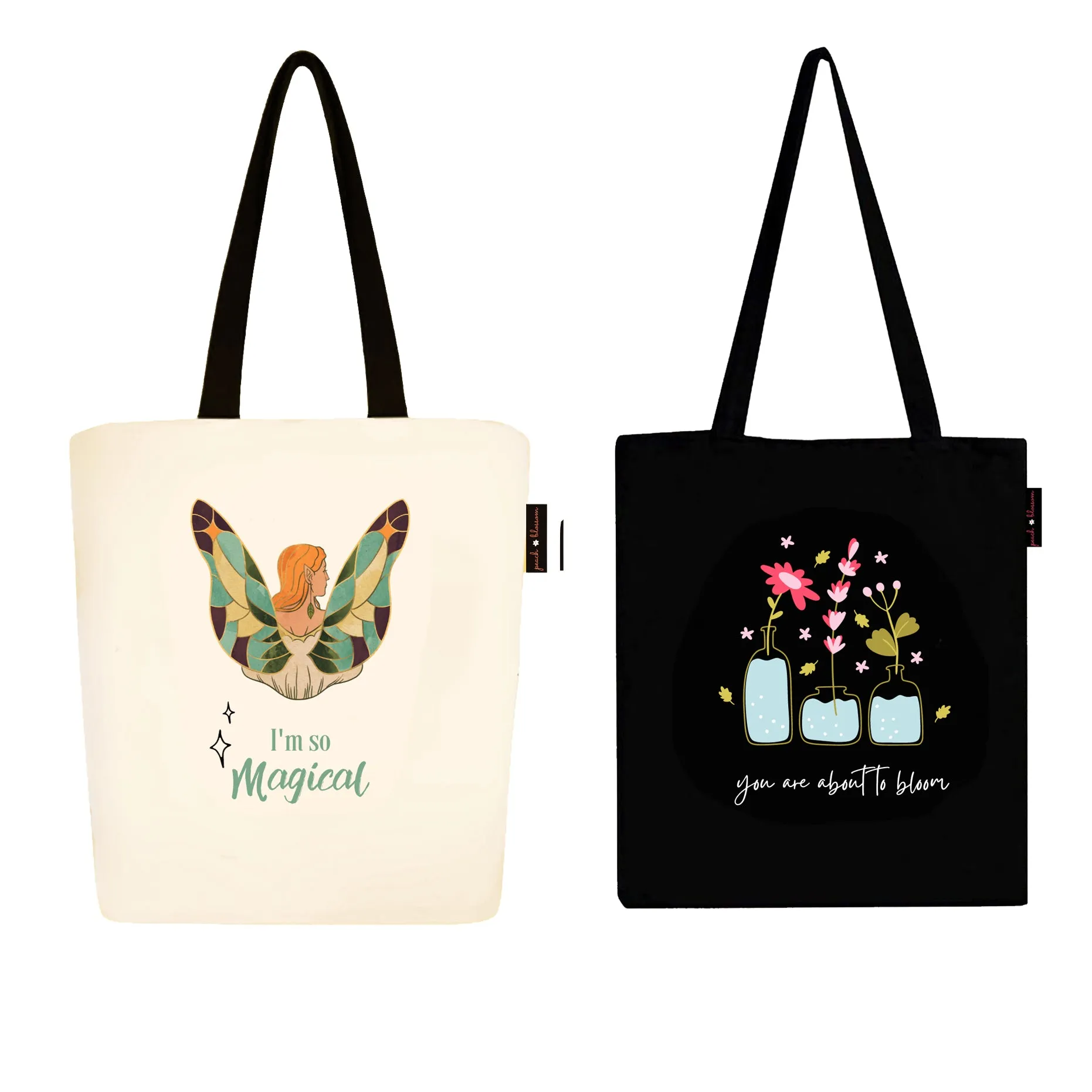 Peach Blossom Women's Cotton Printed Tote Bag With Zipper and Pouch | Pack Of 2 Combo