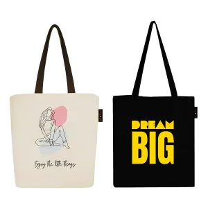 Peach Blossom Women's Cotton Printed Tote Bag With Zipper and Pouch | Pack Of 2 Combo