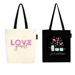 Peach Blossom Women's Cotton Printed Tote Bag With Zipper and Pouch | Pack Of 2 Combo
