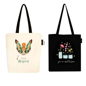 Peach Blossom Women's Cotton Printed Tote Bag With Zipper and Pouch | Pack Of 2 Combo
