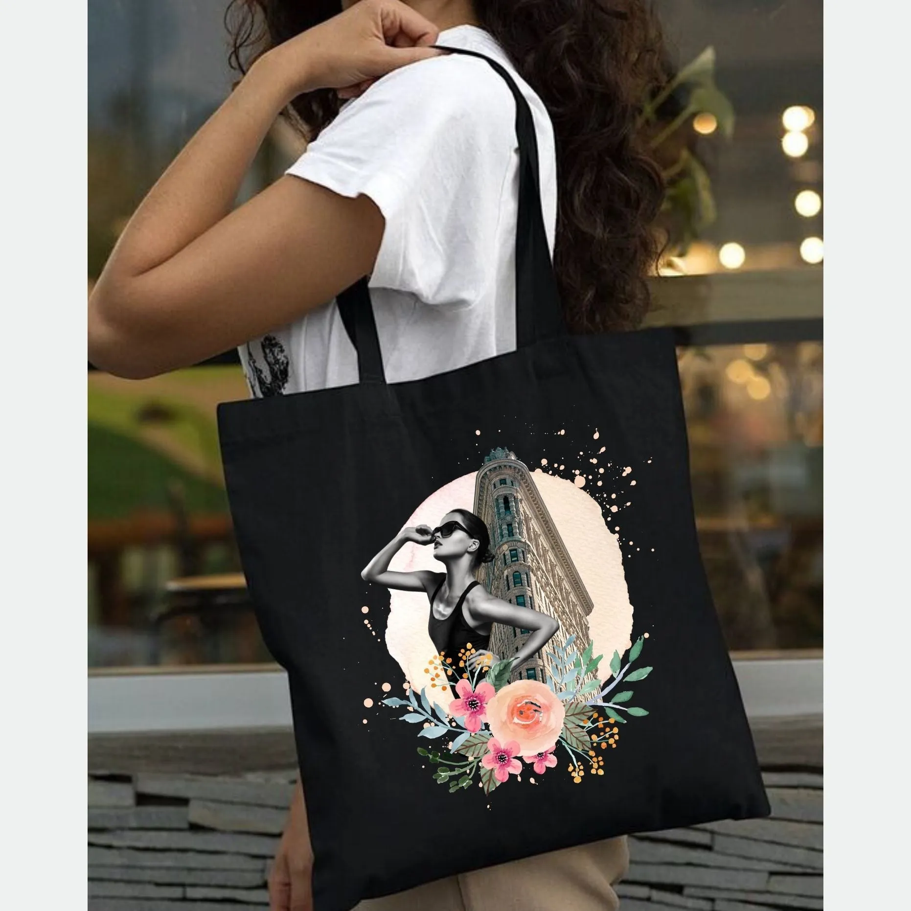 Peach Blossom Women's Cotton Printed Tote Bag With Zipper and Pouch