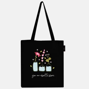 Peach Blossom Women's Cotton Printed Tote Bag With Zipper and Pouch