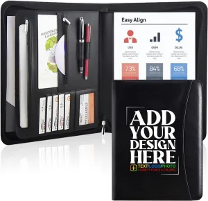 Personalized Padfolio with Zipper - Customized Leather Portfolio with Personalized Logo and Text for Resumes, Interviews, and Professional Business Use, Black