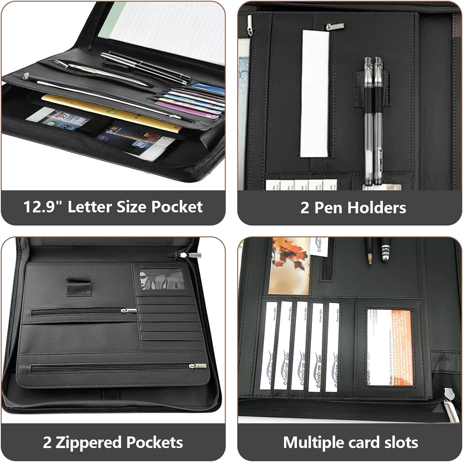 Personalized Padfolio with Zipper - Customized Leather Portfolio with Personalized Logo and Text for Resumes, Interviews, and Professional Business Use, Black