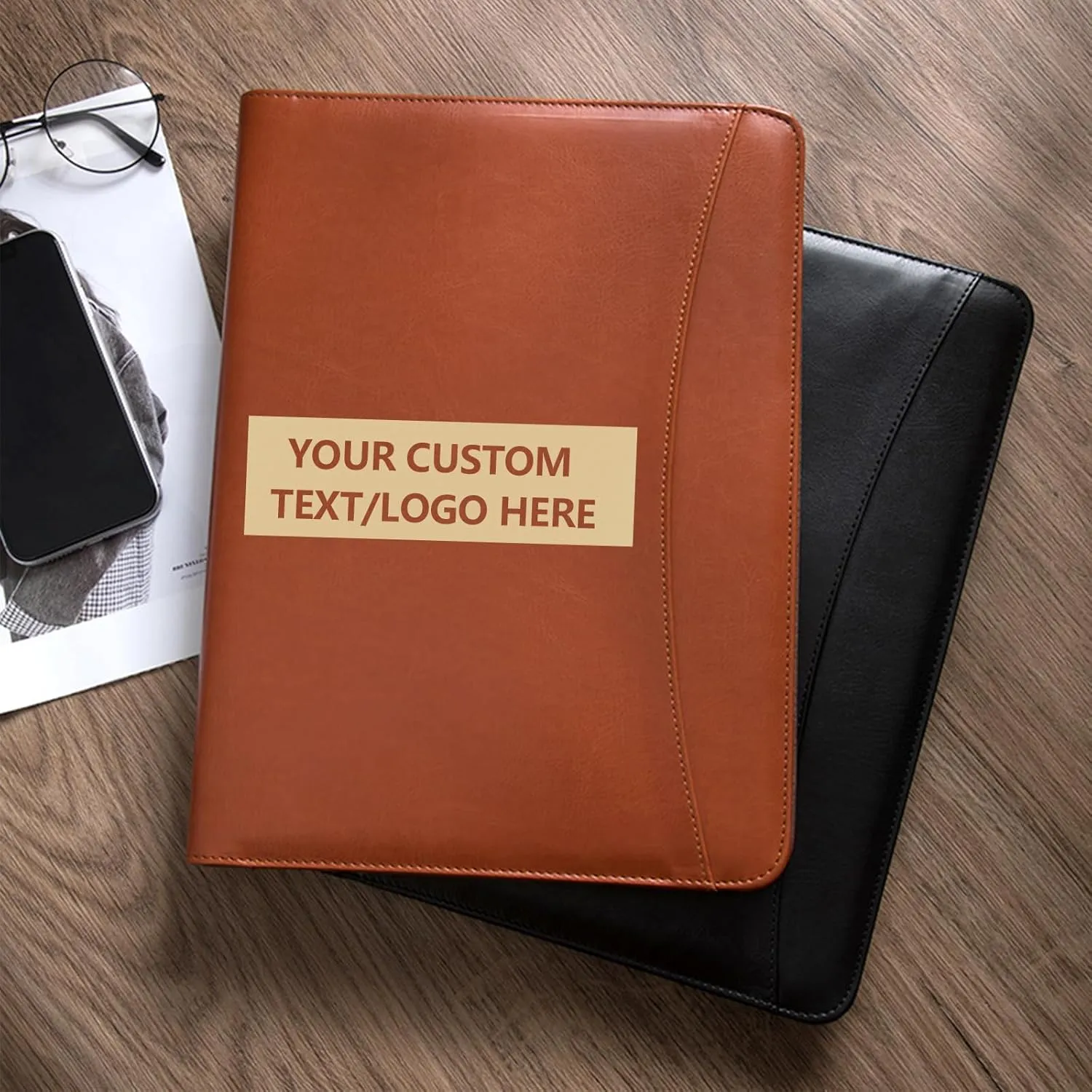 Personalized Padfolio with Zipper - Customized Leather Portfolio with Personalized Logo and Text for Resumes, Interviews, and Professional Business Use, Black