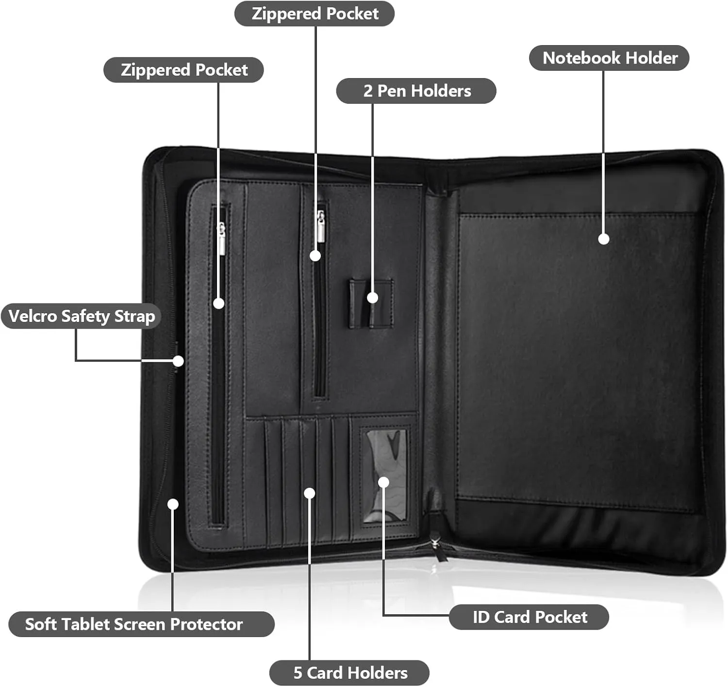Personalized Padfolio with Zipper - Customized Leather Portfolio with Personalized Logo and Text for Resumes, Interviews, and Professional Business Use, Black