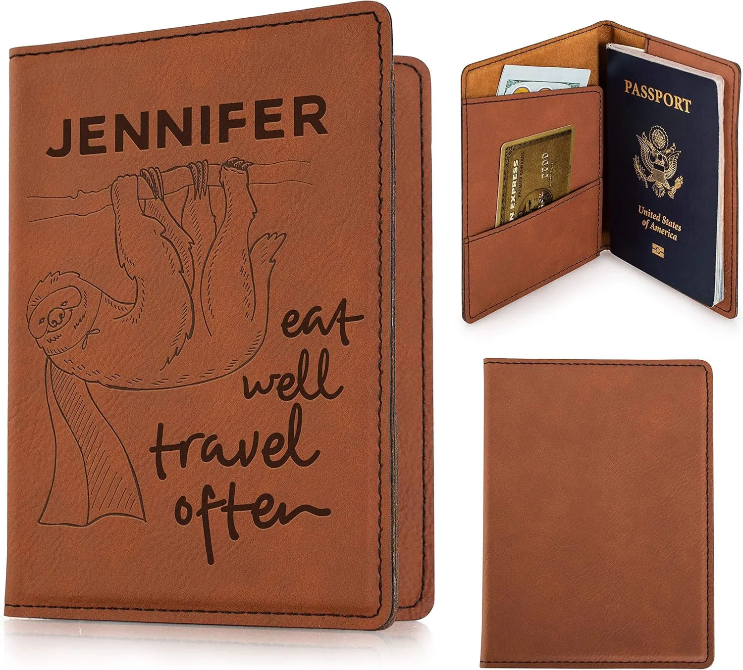 Personalized Passport Holder, Leatherette Passport Cover for Women and Men, Custom Travel Accessories, Travel Wallet, Family Passport Wallet, Travel Gifts - Rawhide Brown