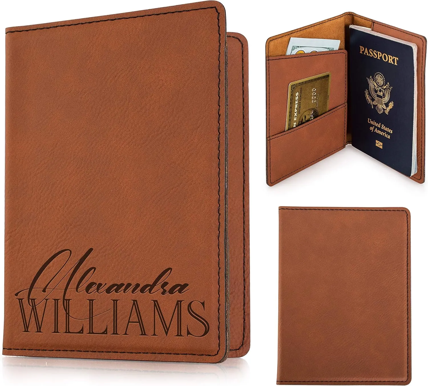 Personalized Passport Holder, Leatherette Passport Cover for Women and Men, Custom Travel Accessories, Travel Wallet, Family Passport Wallet, Travel Gifts - Rawhide Brown