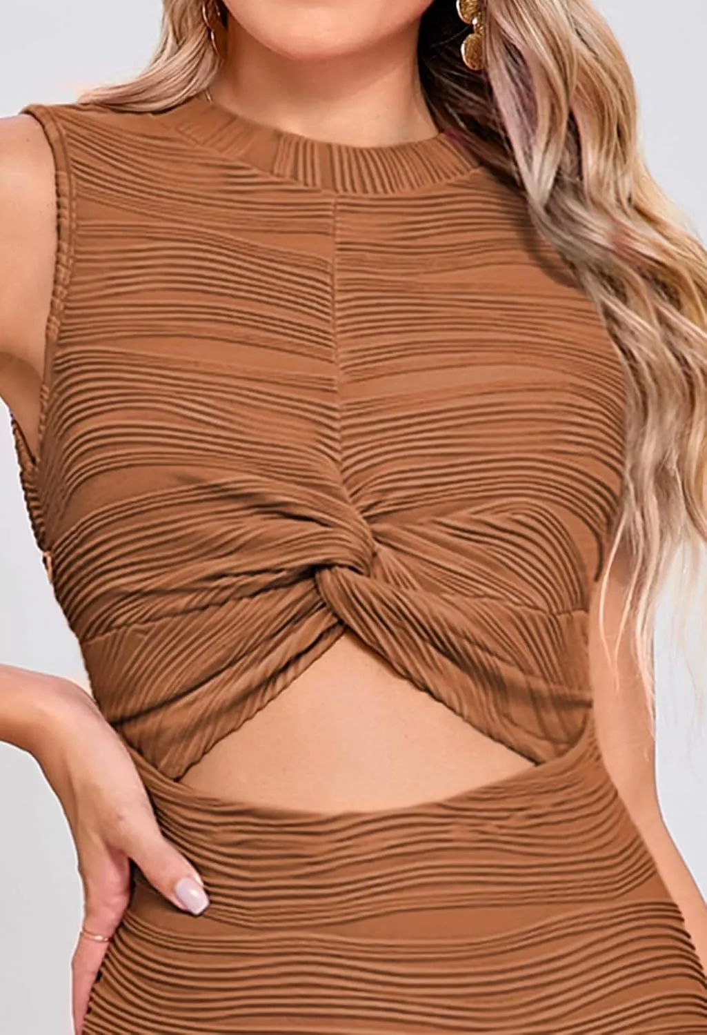Pink Queen Sexy Sleeveless Cutout Bodycon Dress for Women 2024 Crewneck Twist Ruched Fitted Slit Knit Cocktail Party Outfits