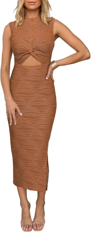 Pink Queen Sexy Sleeveless Cutout Bodycon Dress for Women 2024 Crewneck Twist Ruched Fitted Slit Knit Cocktail Party Outfits