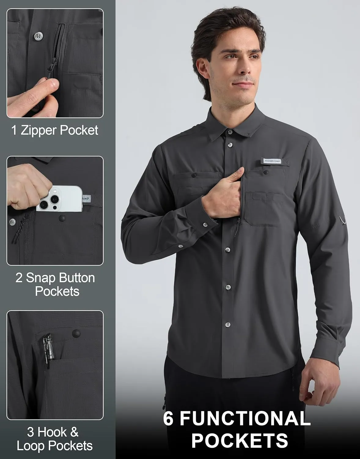 Pioneer Camp Men's Fishing Shirts Long Sleeve UPF50  Sun Protection UV Button Down Shirts Quick Dry Cooling for Hiking Safari