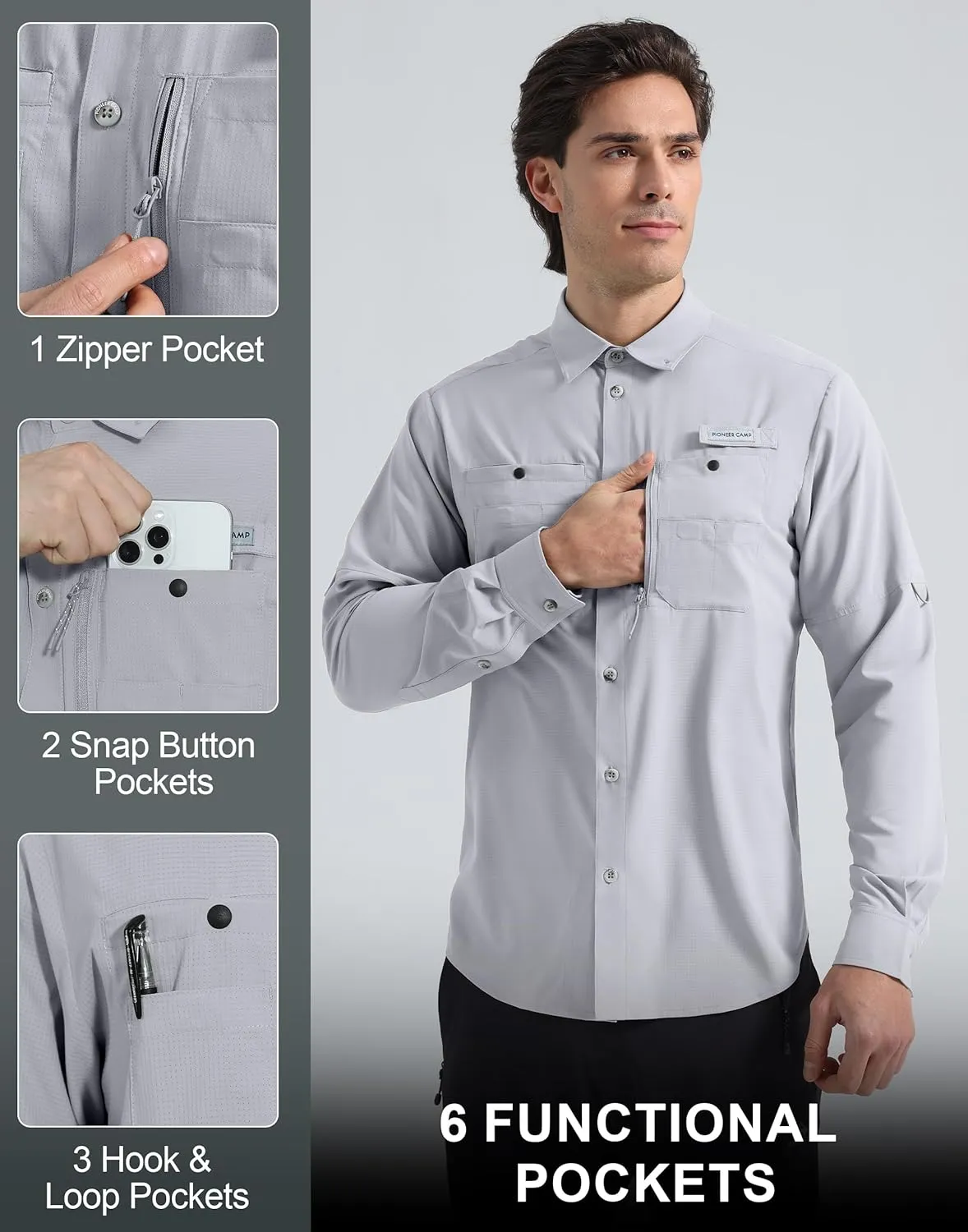 Pioneer Camp Men's Fishing Shirts Long Sleeve UPF50  Sun Protection UV Button Down Shirts Quick Dry Cooling for Hiking Safari