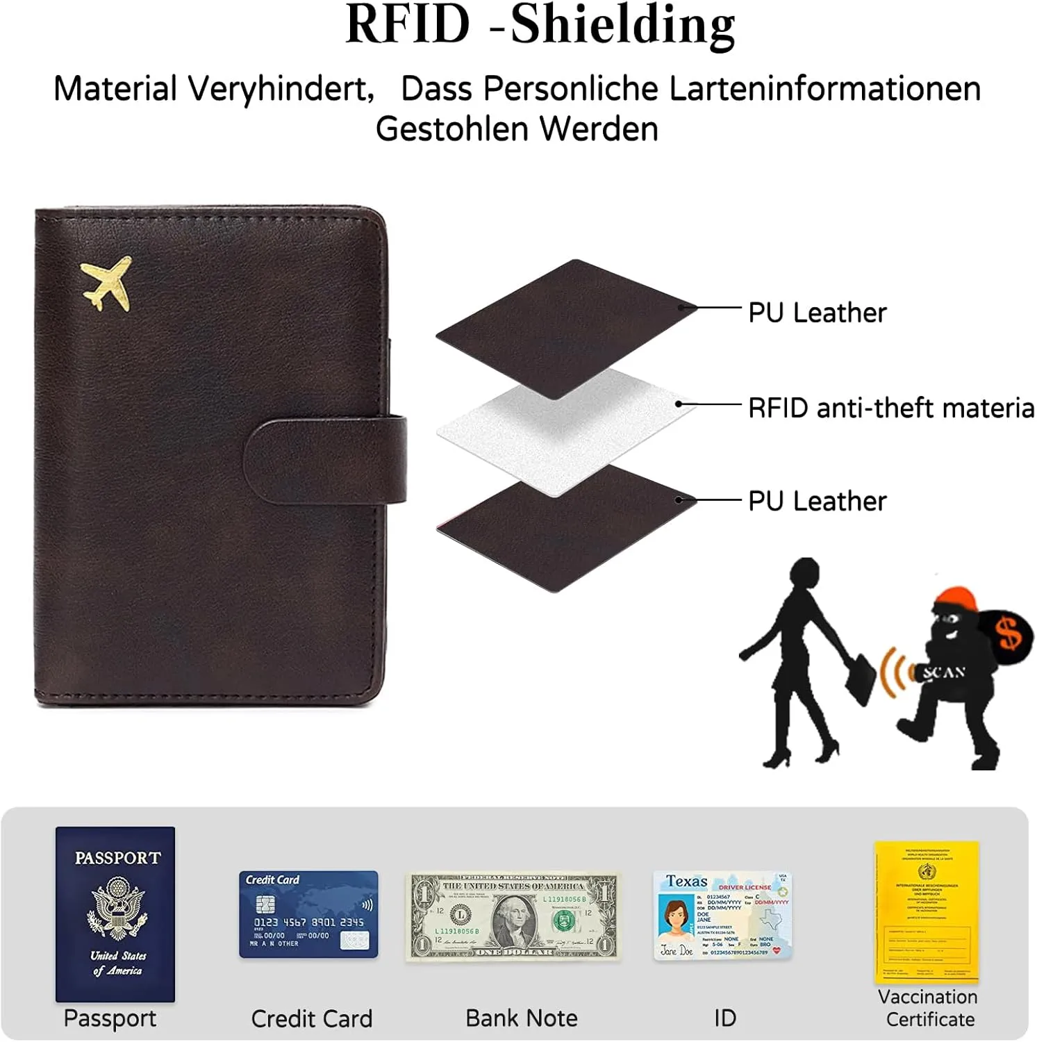 PORRASSO Passport Holder Travel Wallet with RFID Blocking Card Case Organiser PU Travel Accessories Lightweight Passport Cover for Men Women Coffee