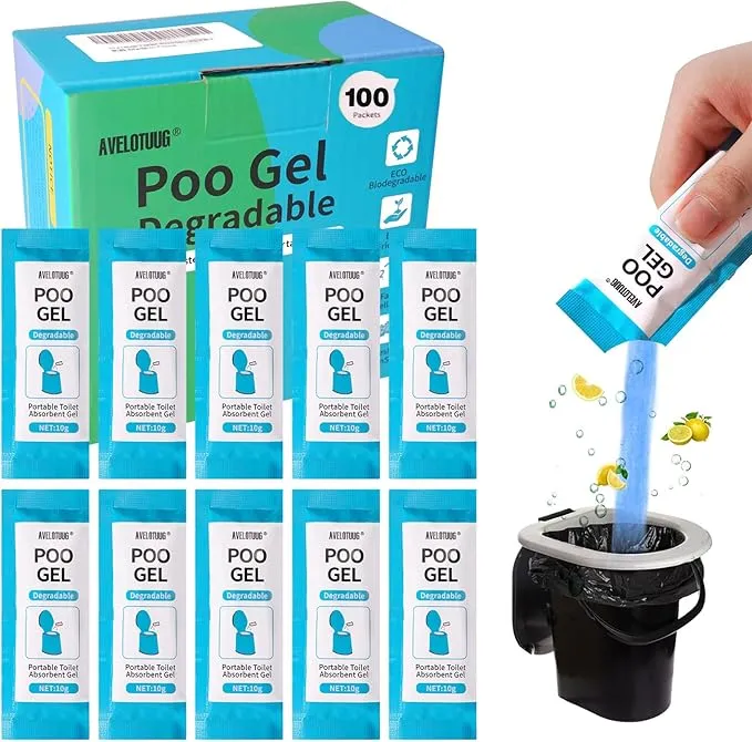 Portable Toilet Absorbent Gel Powder, 100 Pack Poo Gel for Camping Toilet Solid Waste and Urine, Eco Gel for Outdoor Recreation Hiking Fast-Acting Gel Deodorizing Treatment