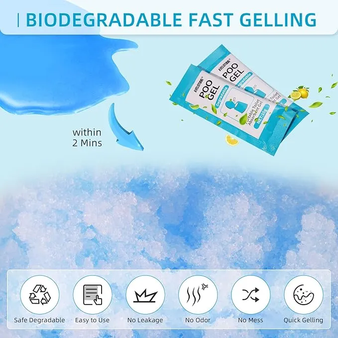 Portable Toilet Absorbent Gel Powder, 100 Pack Poo Gel for Camping Toilet Solid Waste and Urine, Eco Gel for Outdoor Recreation Hiking Fast-Acting Gel Deodorizing Treatment