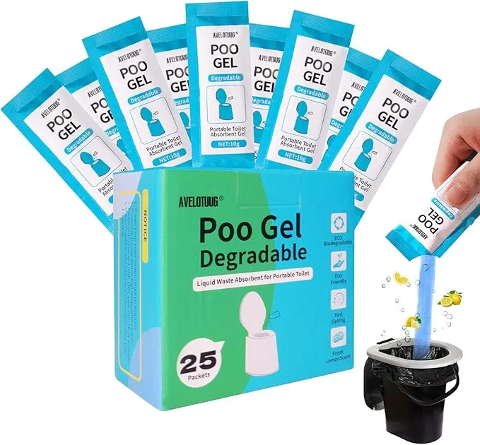 Portable Toilet Absorbent Gel Powder, 25 Pack Poo Gel for Camping Toilet Solid Waste and Urine, Eco Gel for Outdoor Recreation Hiking Fast-Acting Gel Deodorizing Treatment